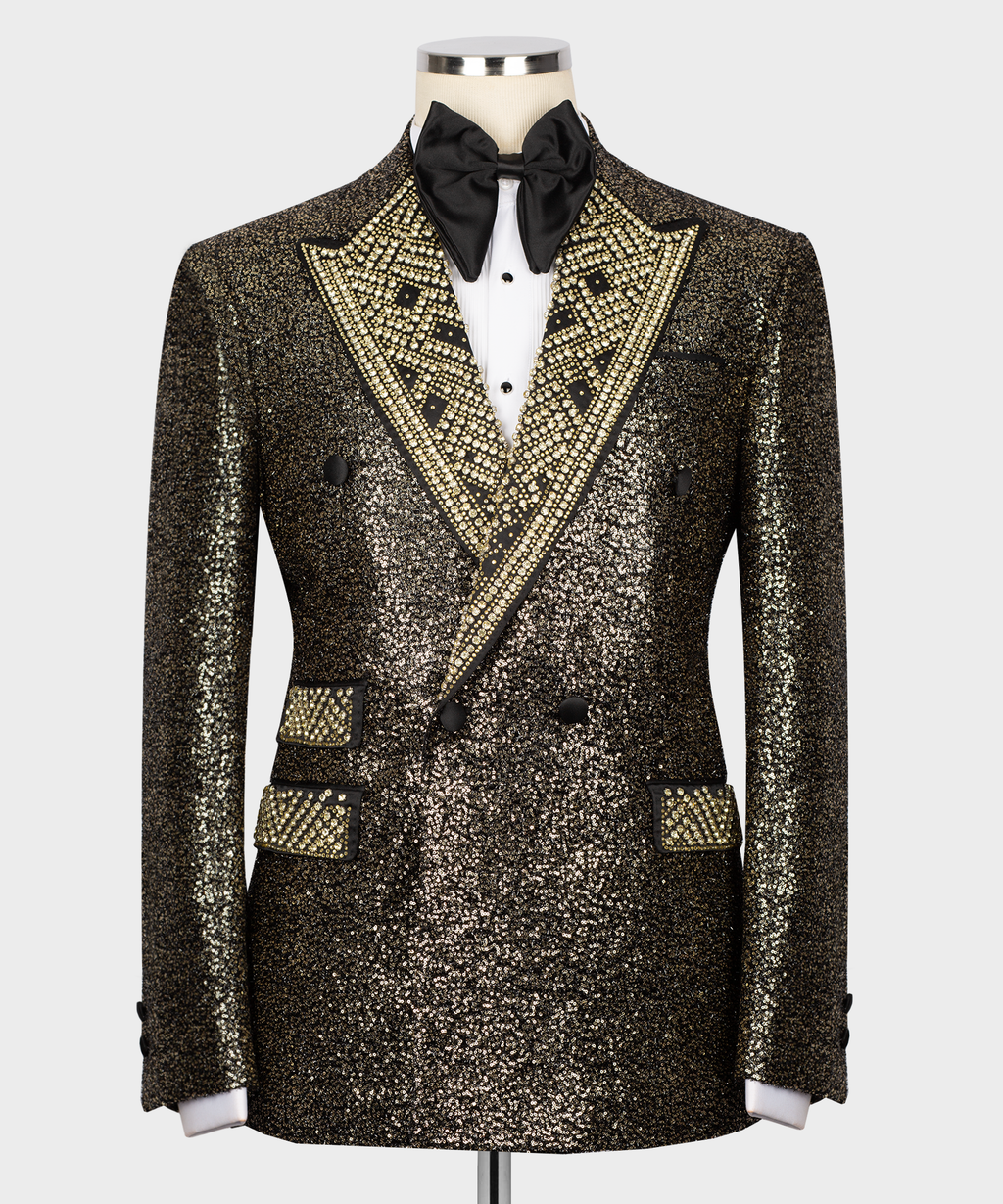 Gold sequin tuxedo jacket with jeweled trim, black bow tie, and white dress shirt