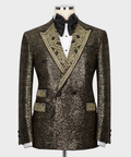 Gold sequin tuxedo jacket with jeweled trim, black bow tie, and white dress shirt