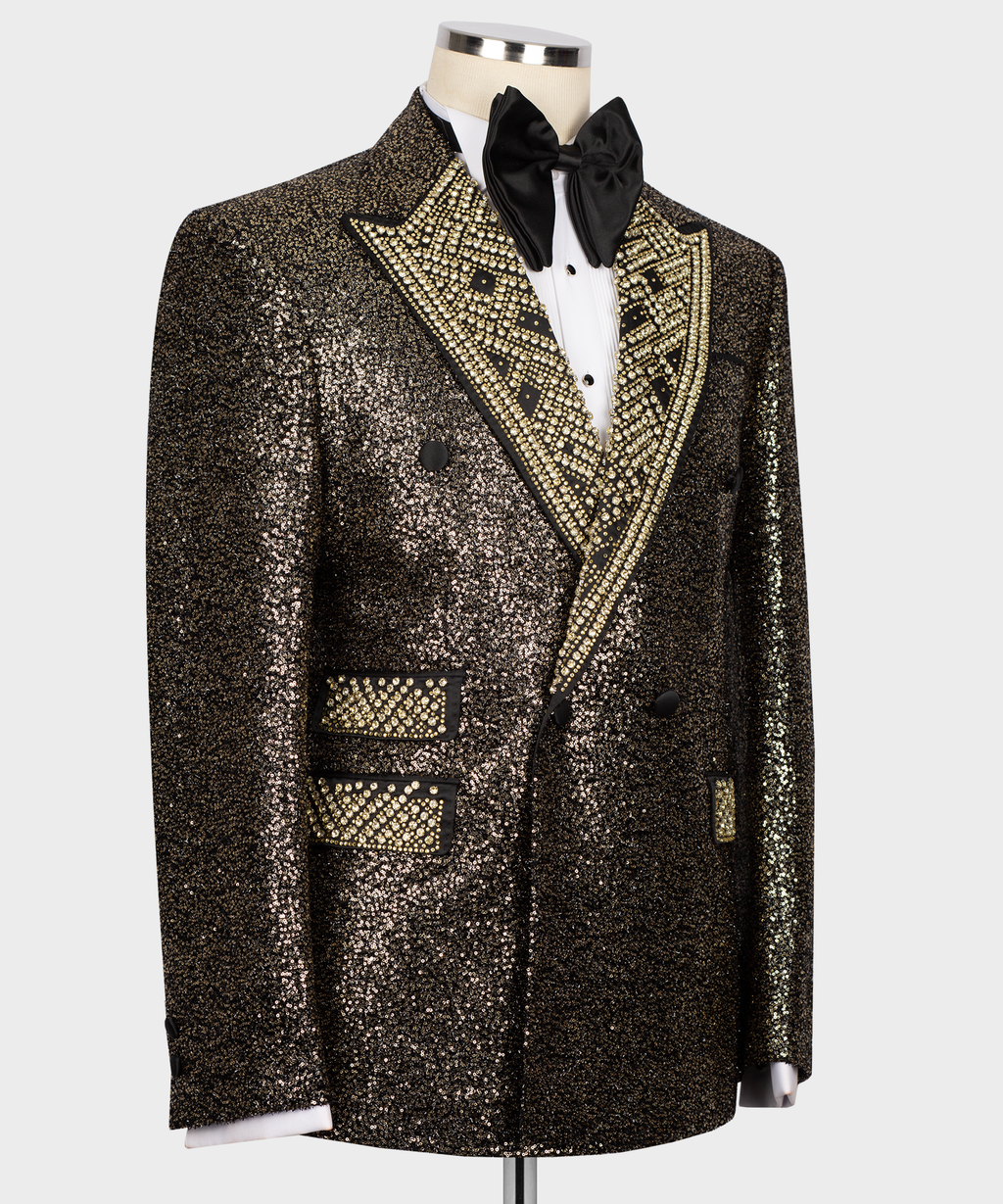Front view of gold sequin tuxedo jacket with black lapels trim and bow tie