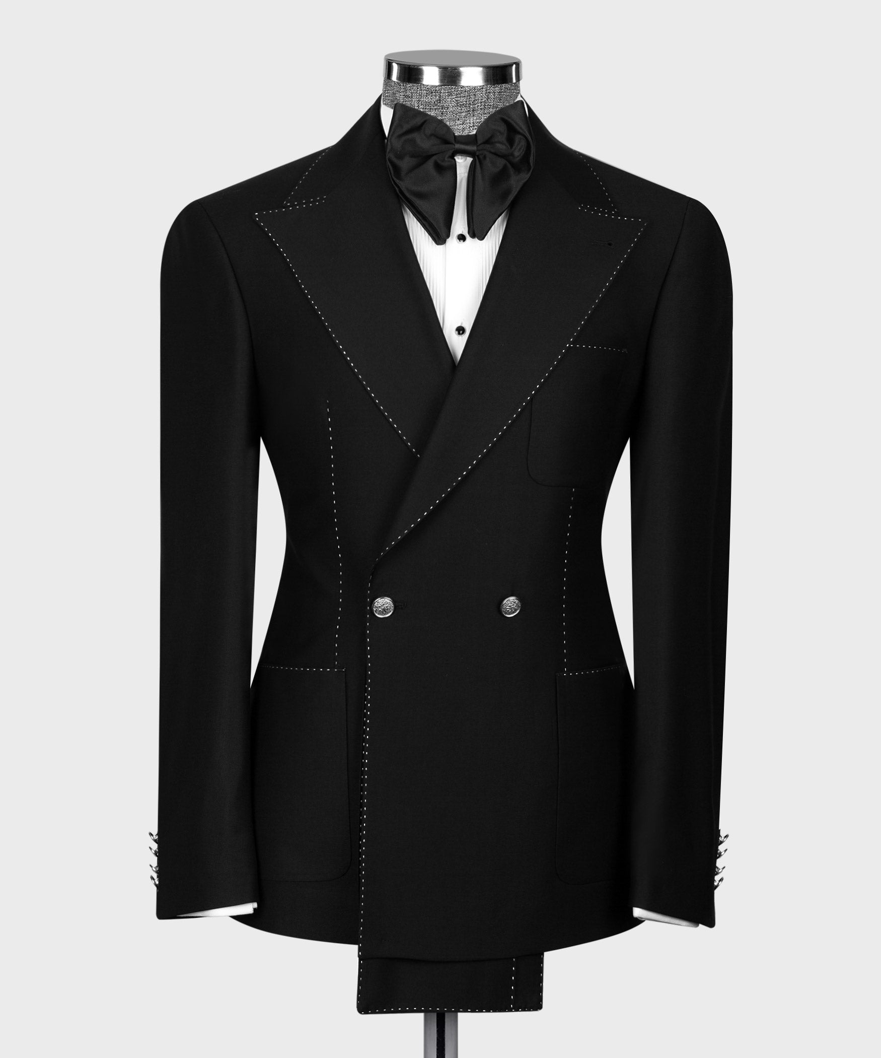 Black double-breasted tuxedo jacket with white spot-stitched detailing and satin bow tie