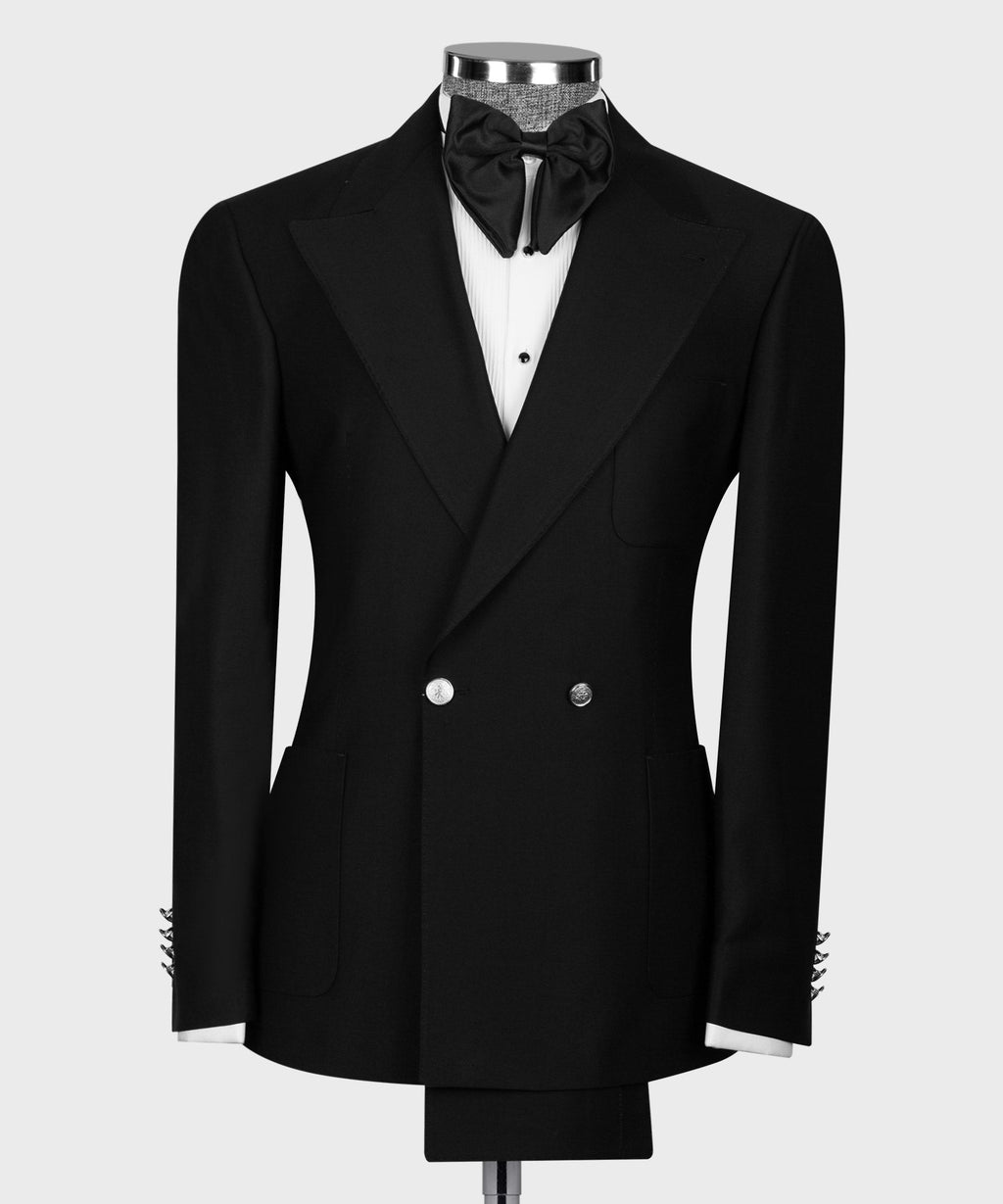Black double-breasted tuxedo jacket with satin bow tie and matching waistcoat