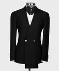 Black double-breasted tuxedo jacket with satin bow tie and matching waistcoat