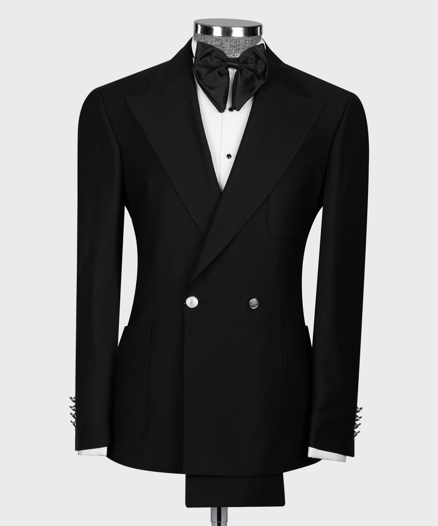 Black double-breasted tuxedo jacket with satin bow tie and matching waistcoat
