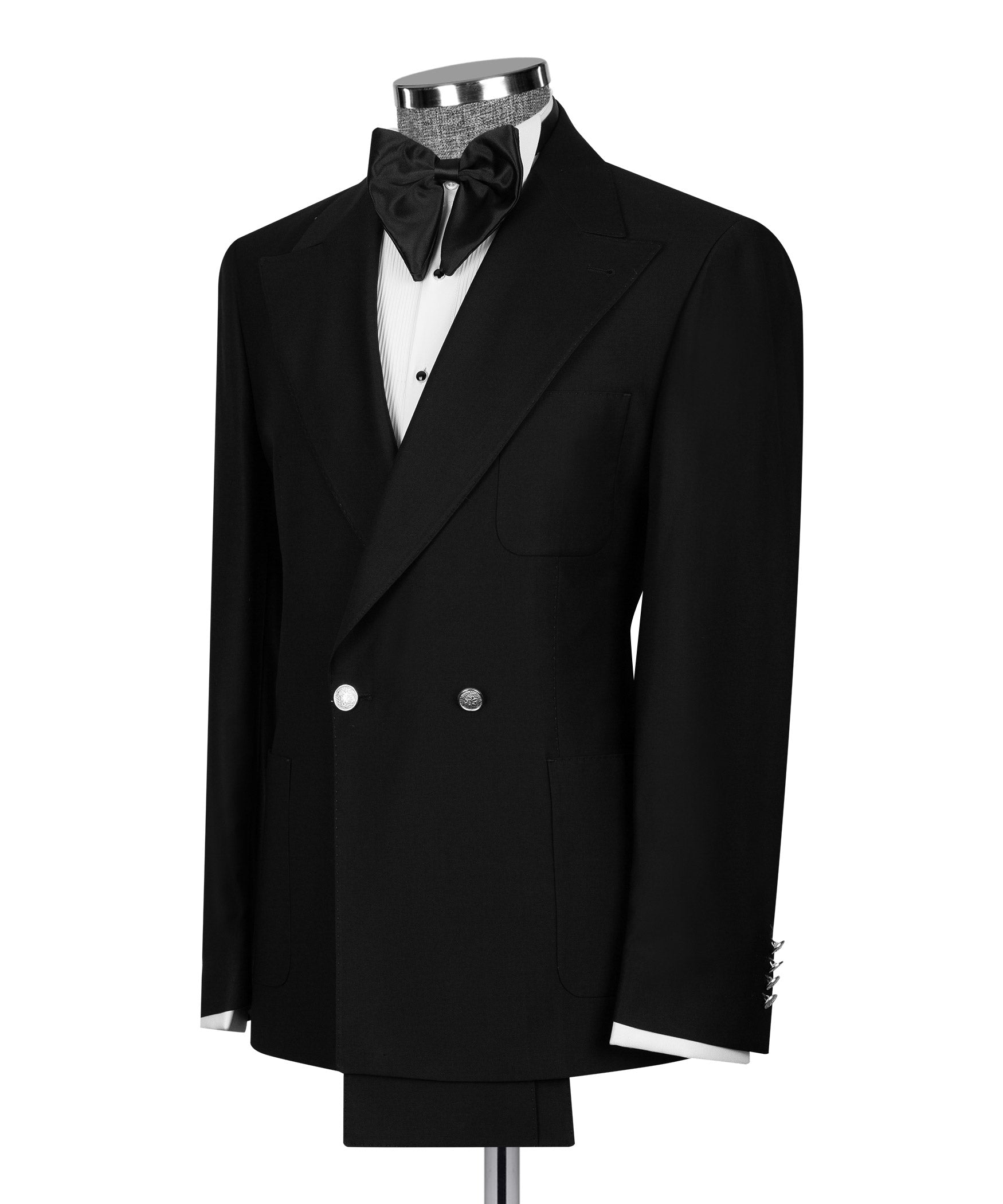 Black tuxedo two-piece suit set: double-breasted jacket with bow-tie detail and vest