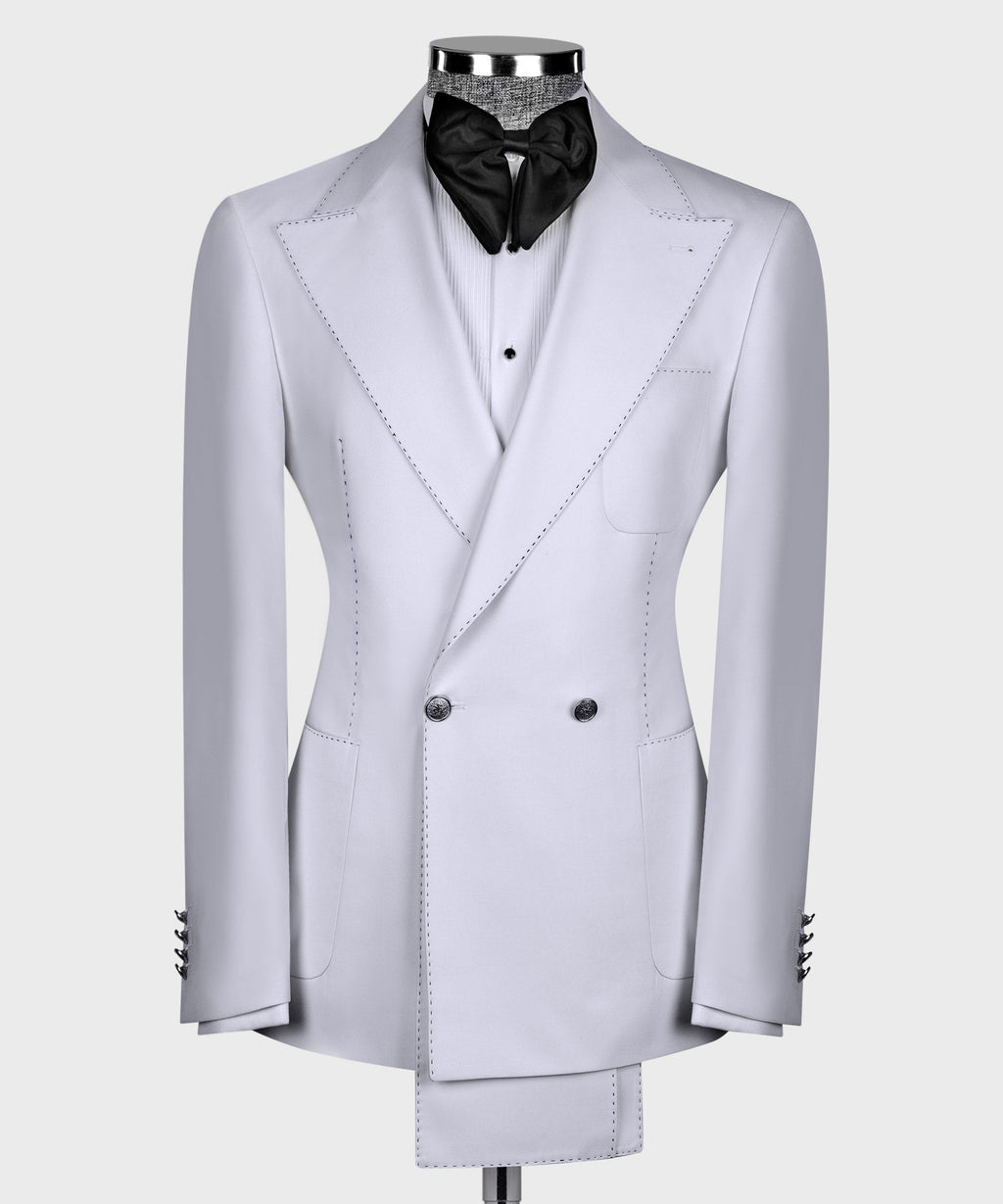 White double-breasted tuxedo jacket with black bow tie and notched lapels