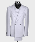 White double-breasted tuxedo jacket with black bow tie and notched lapels