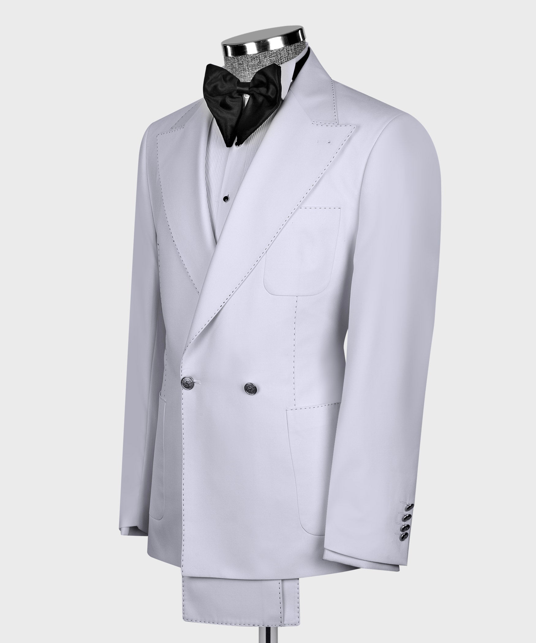 White two-piece tuxedo jacket with black bow tie, double-breasted front