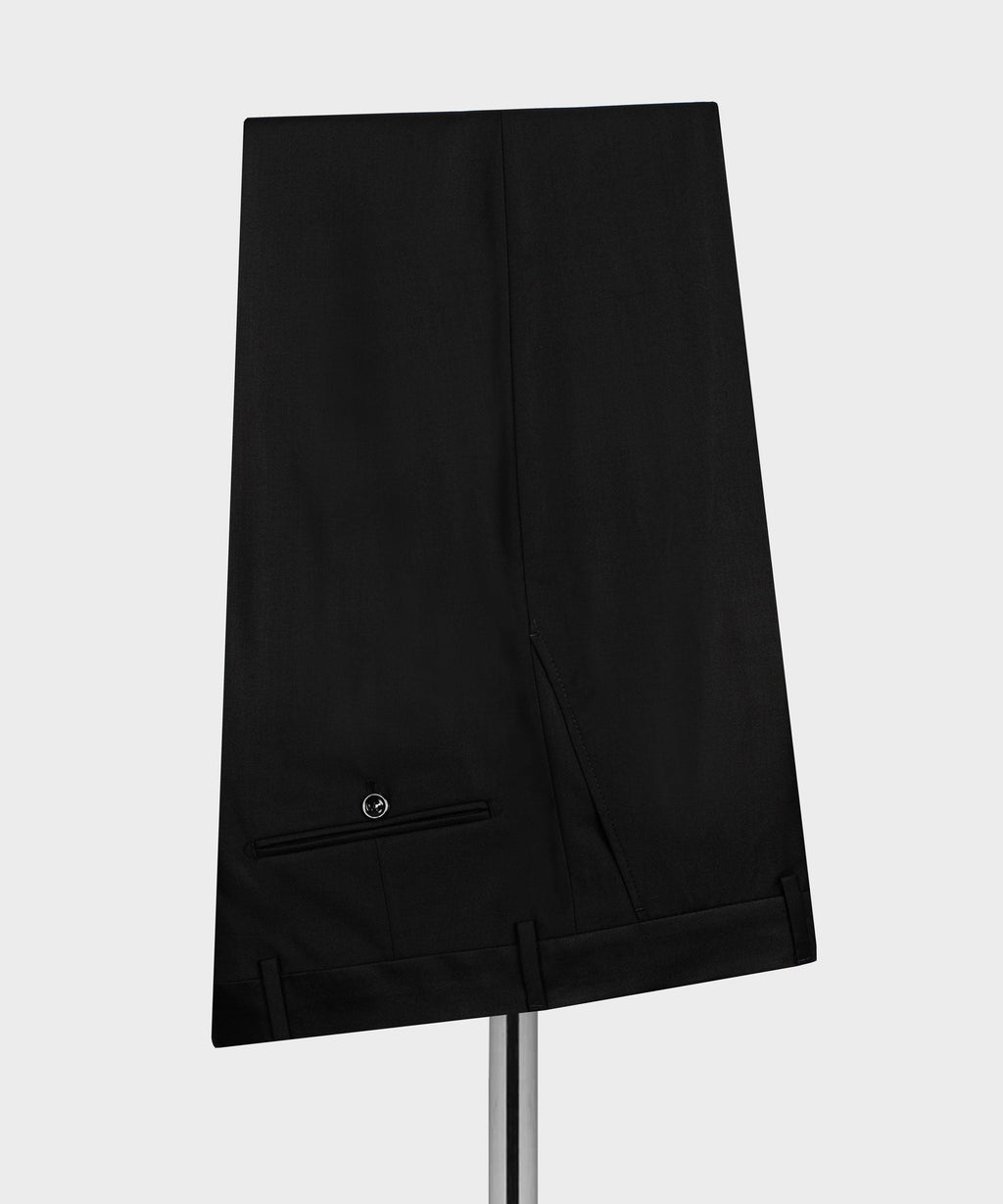 Black tuxedo dress pants with crease and waist button closure