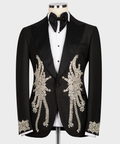 Black tuxedo jacket with ornate silver stone embroidery, bow tie, waistcoat