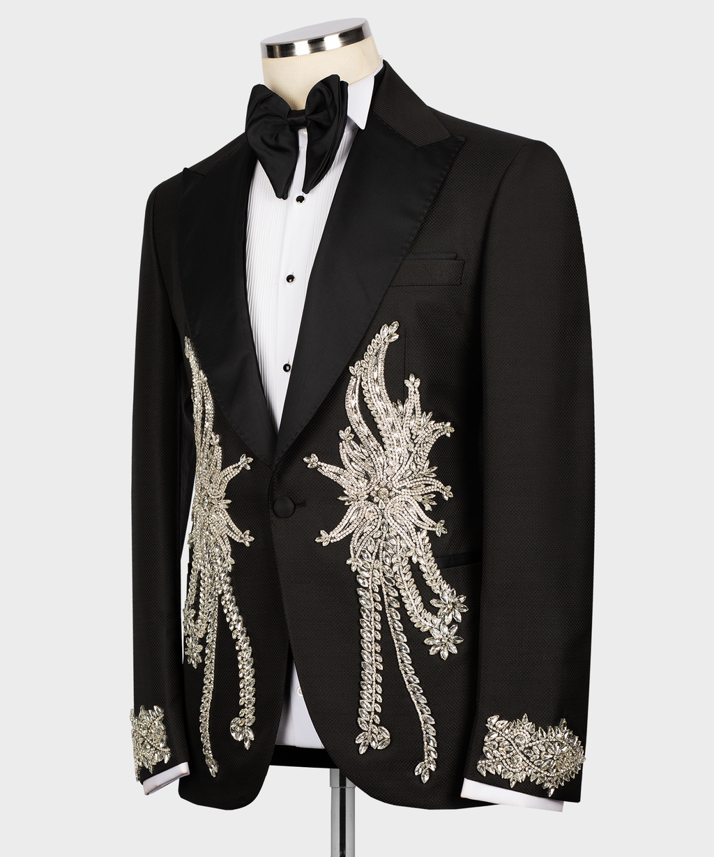 Black tuxedo jacket with silver stone embroidery accents and matching waistcoat, bow tie