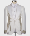 White tuxedo suit jacket with ornate stone-like embroidery on lapels and cuffs