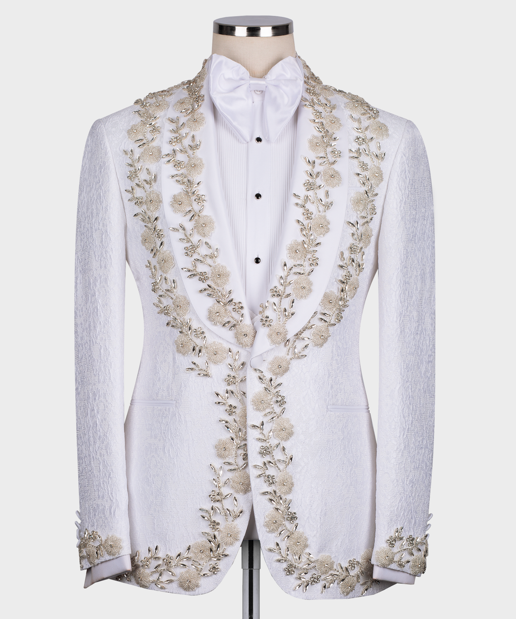 White tuxedo jacket and vest with dense gold vine embroidery across lapels and front