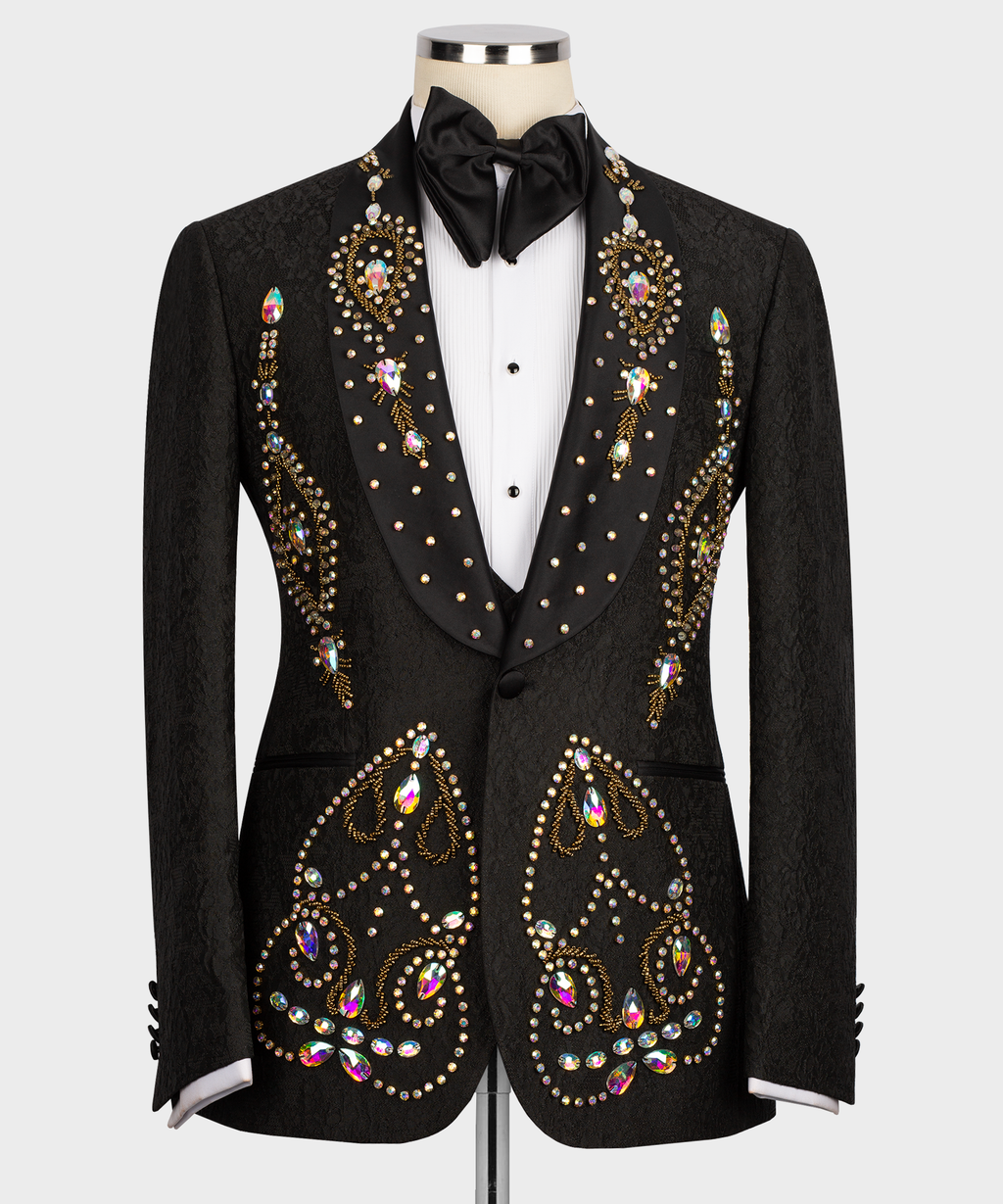 Black tuxedo suit with hand-embroidered multicolor rhinestone motifs and black bow tie