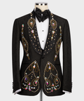 Black tuxedo suit with hand-embroidered multicolor rhinestone motifs and black bow tie