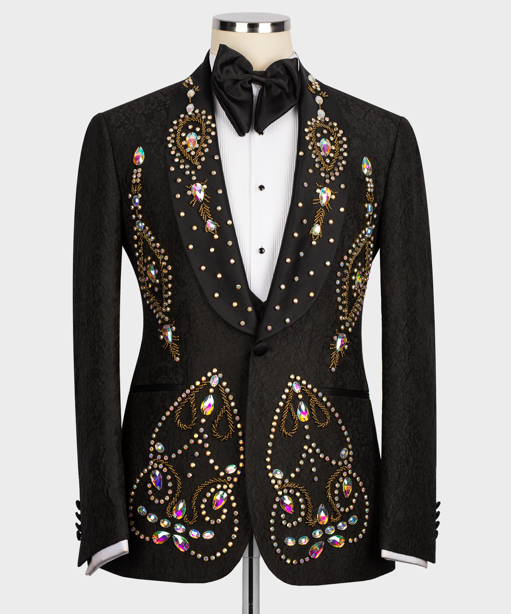 Black tuxedo suit with hand-embroidered multicolor rhinestone motifs and black bow tie