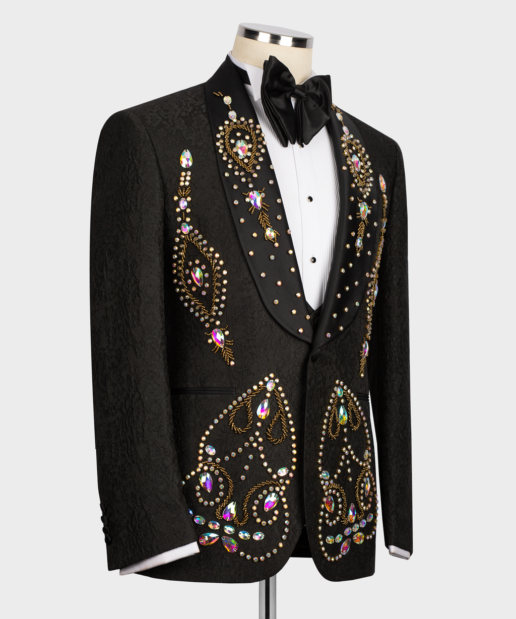 Front view of black tuxedo suit with bow tie and rhinestone hand embroidery on lapels