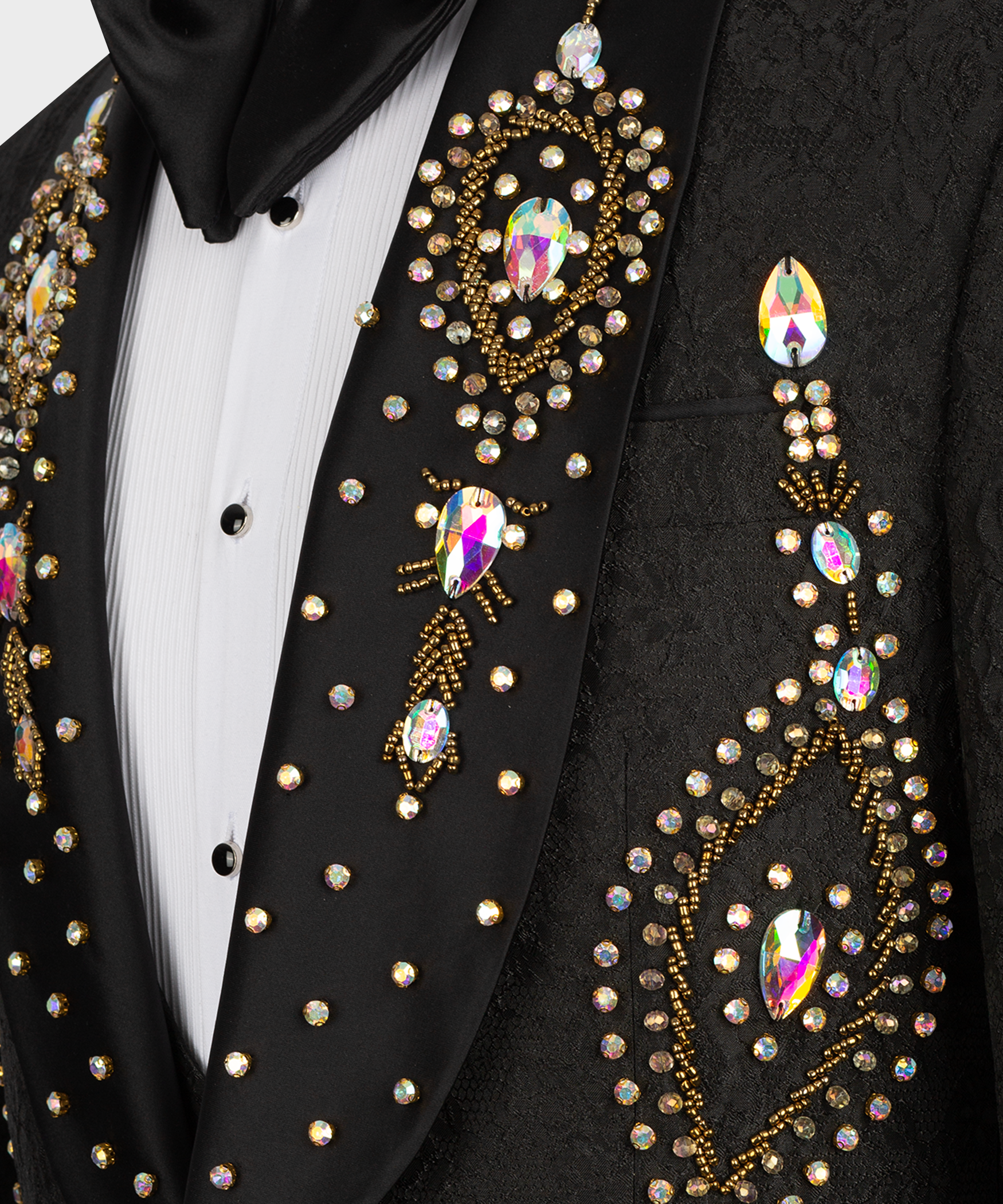 Hand-embroidered black lapel and pocket: gold beadwork with multicolor oval stones