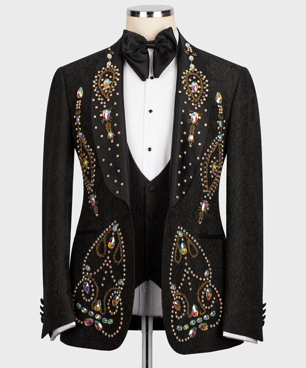 Black tuxedo suit set with satin bow tie and jeweled hand embroidery on jacket and vest