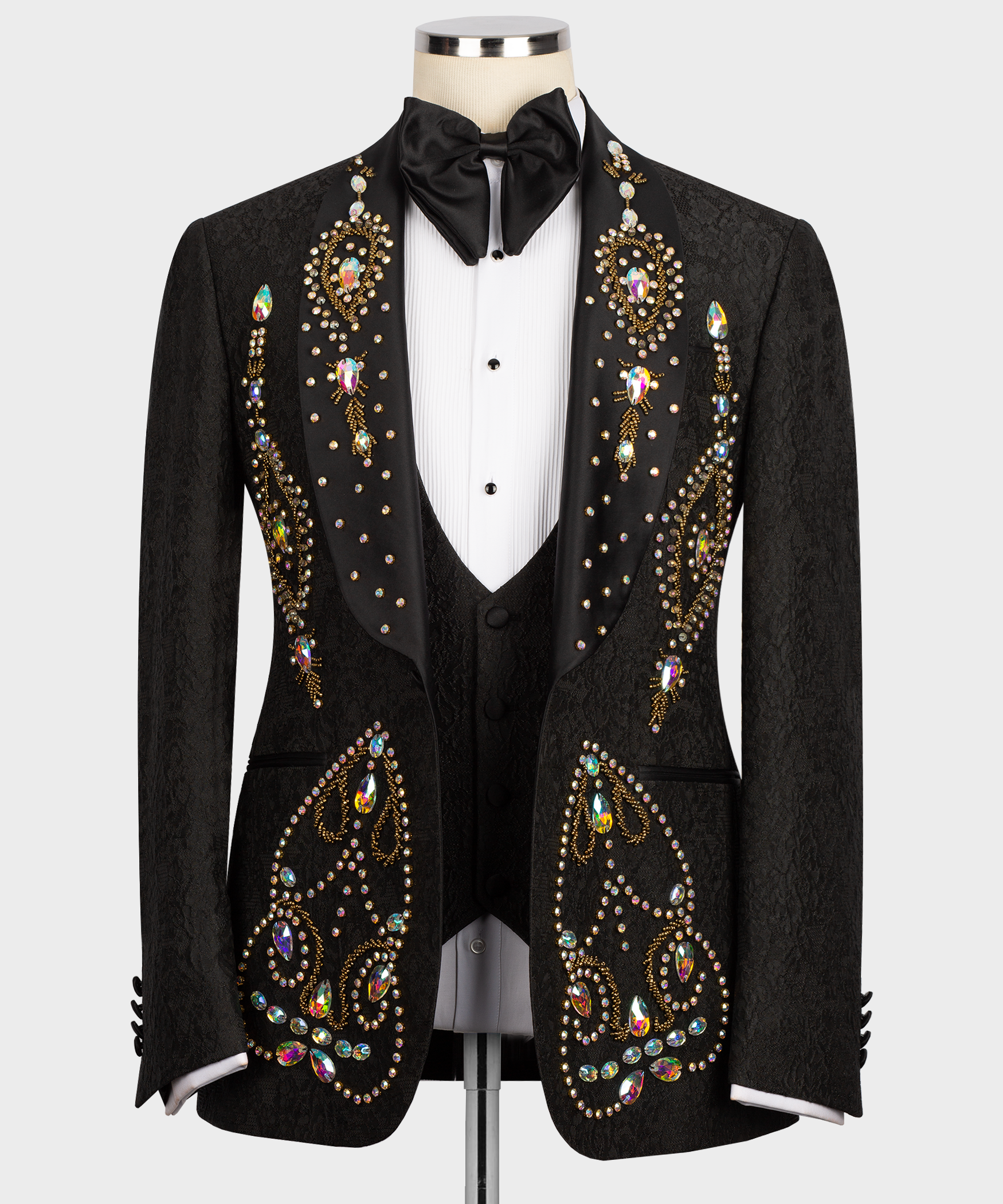 Black tuxedo suit set with satin bow tie and jeweled hand embroidery on jacket and vest