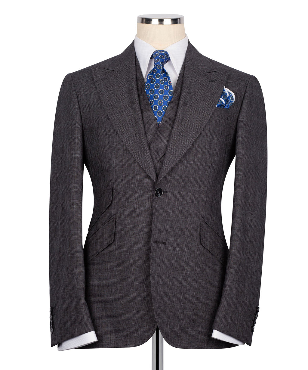 Plaid vest suit jacket and vest set, dark gray with blue patterned tie and pocket square