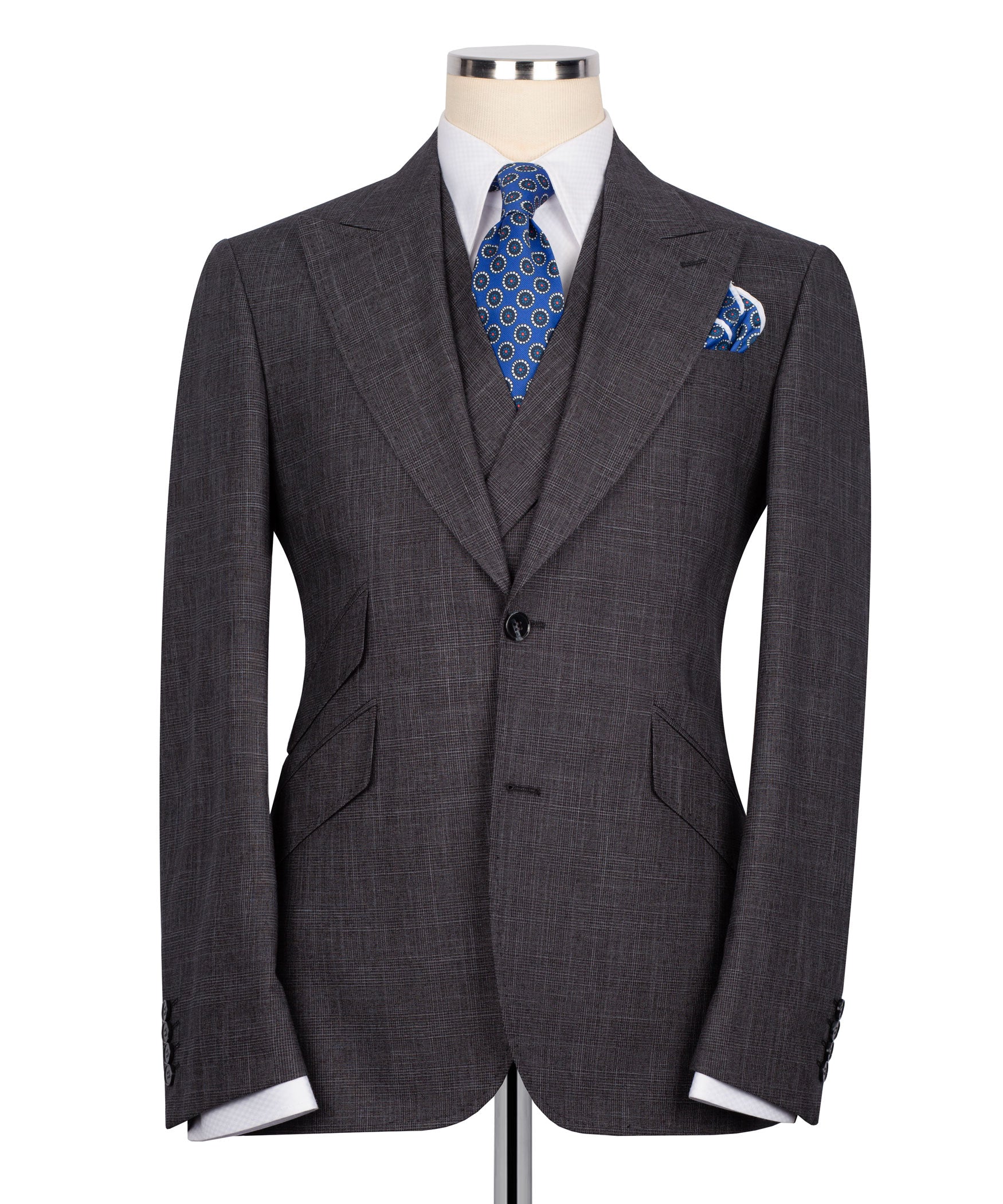 Plaid vest suit jacket and vest set, dark gray with blue patterned tie and pocket square
