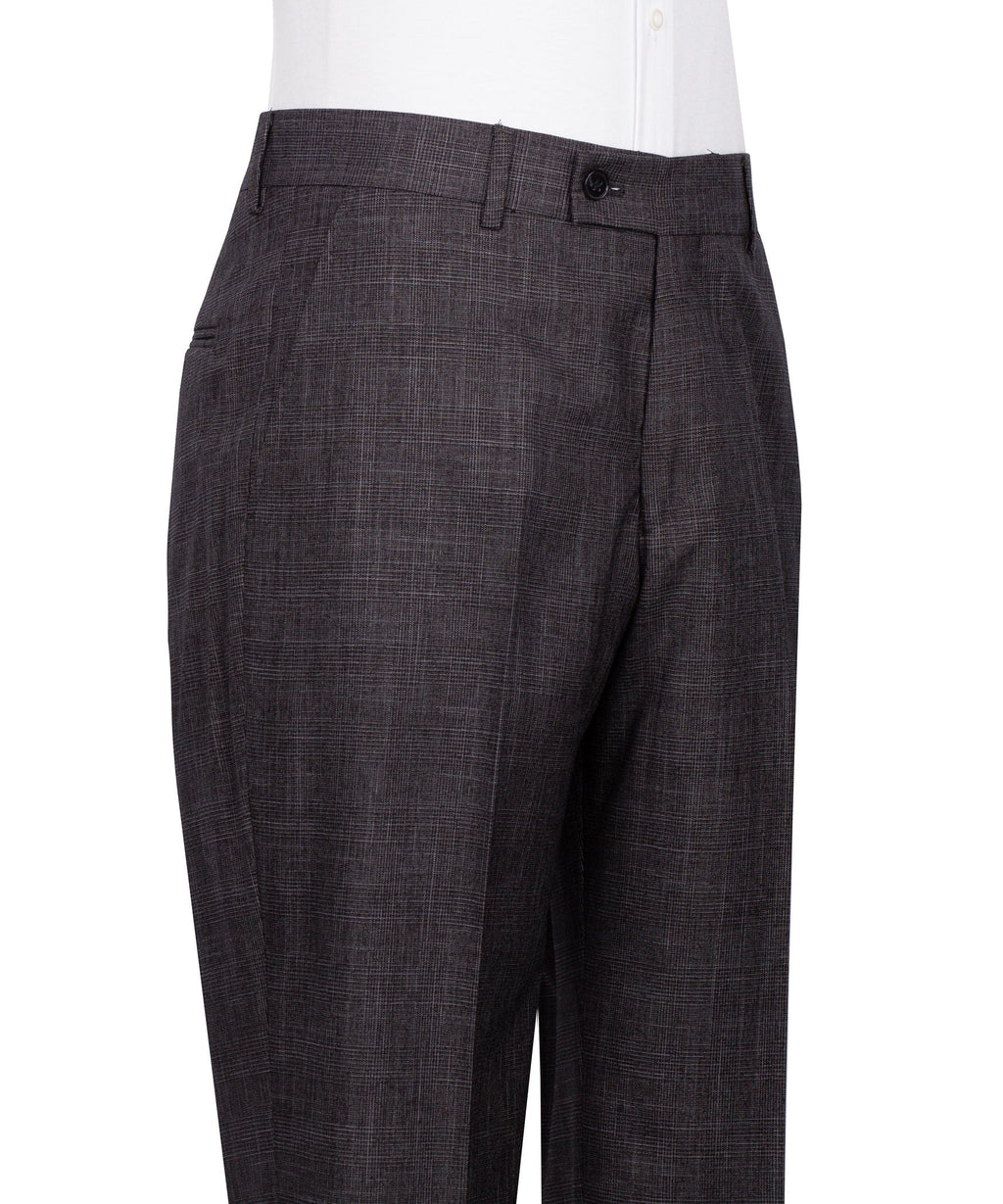 Dark plaid dress trousers with belt loops and front button closure