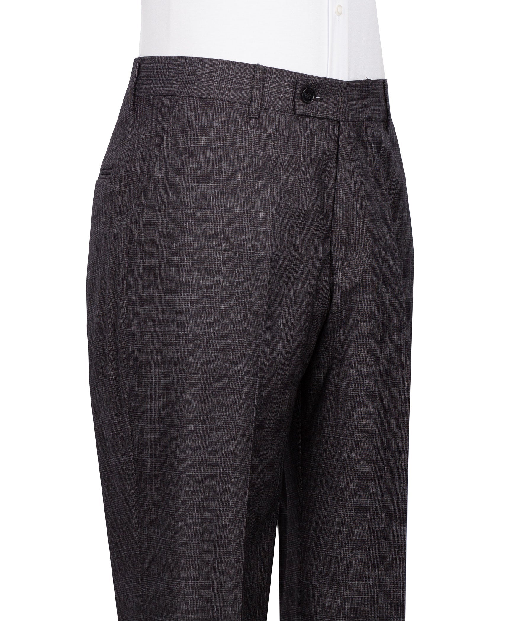 Dark plaid dress trousers with belt loops and front button closure