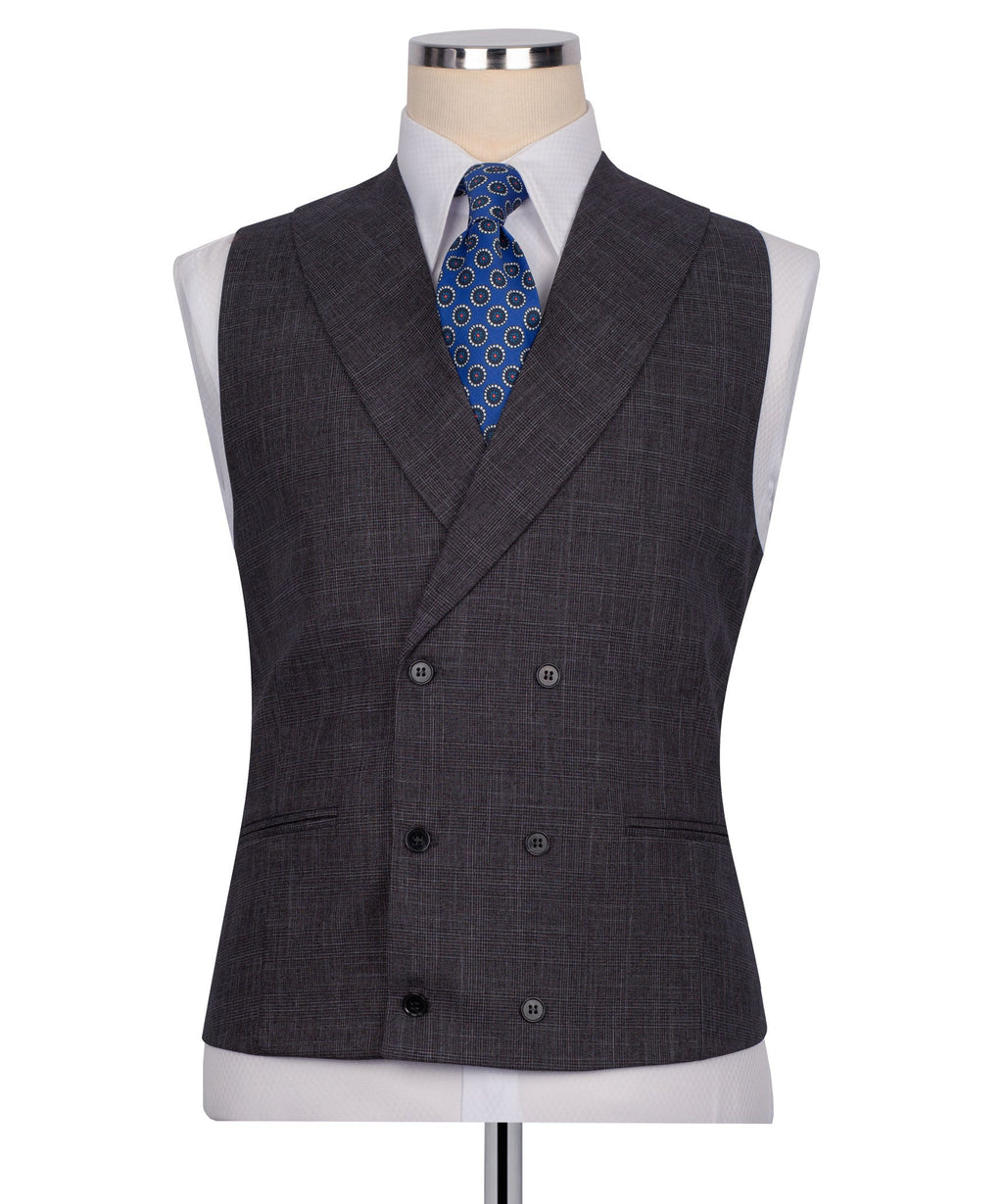 Dark plaid waistcoat with blue patterned tie; vest buttons and V-neck styling