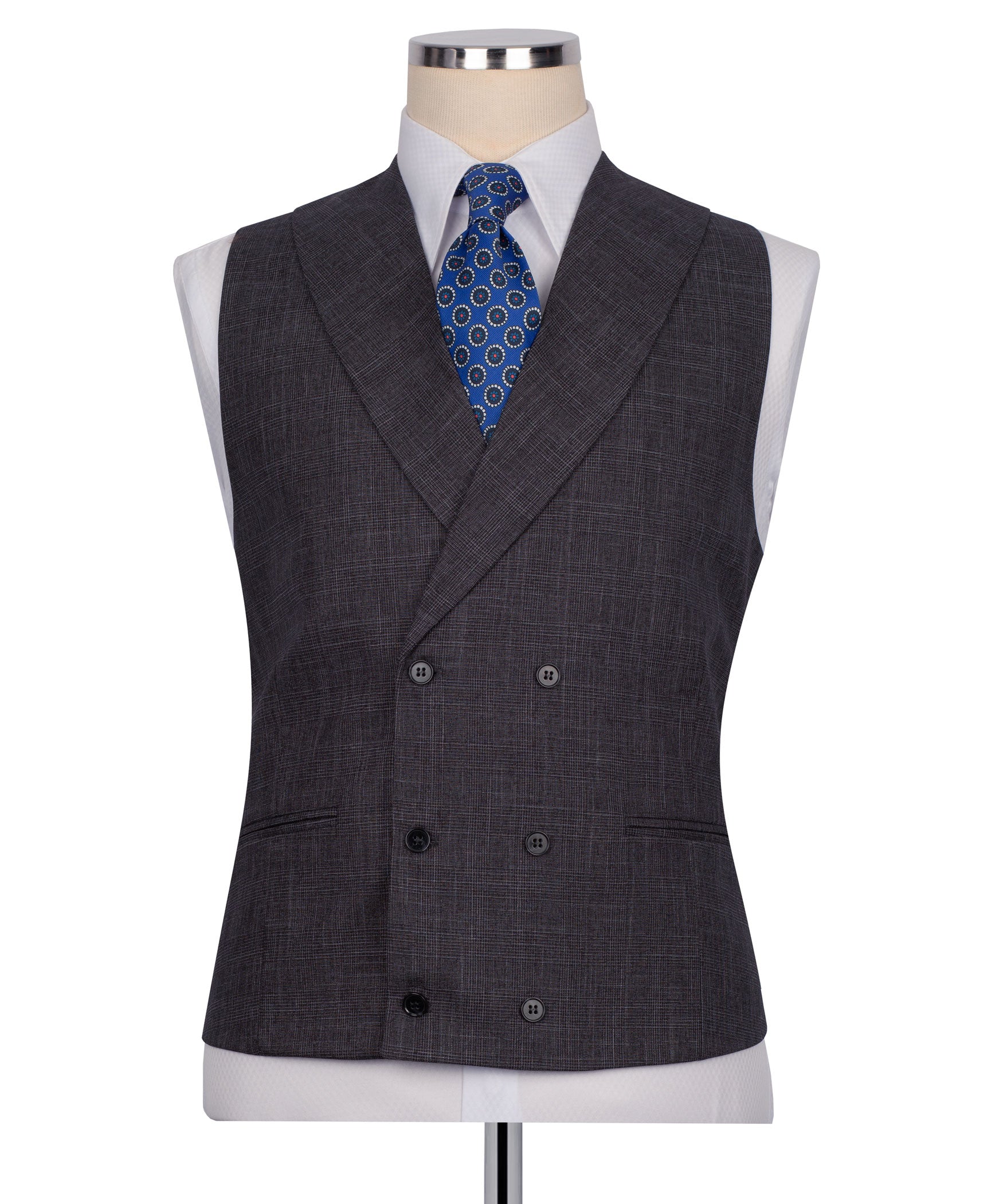 Dark plaid waistcoat with blue patterned tie; vest buttons and V-neck styling