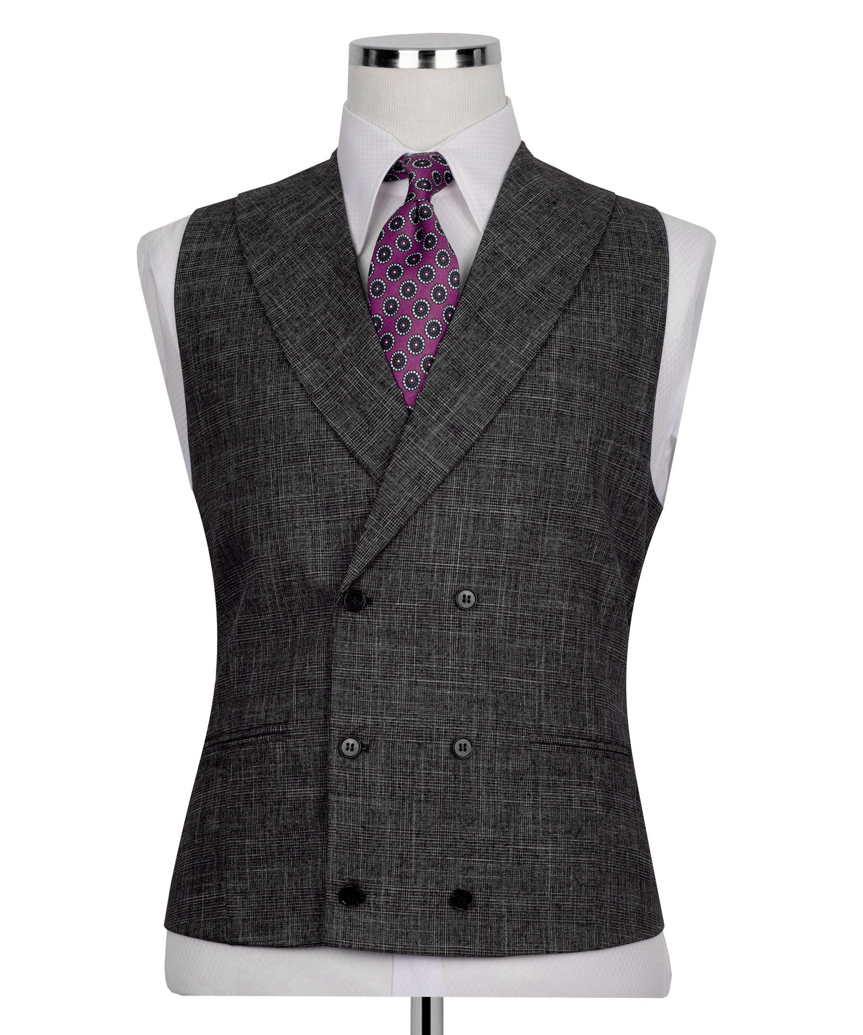 Black plaid men's vest with v-neck, purple patterned tie, and front button placket
