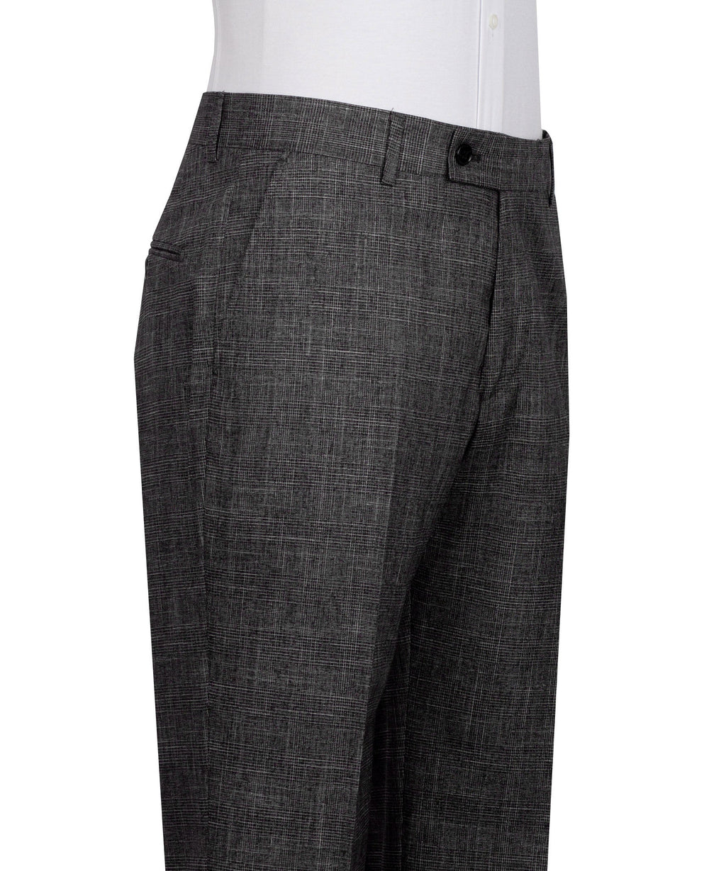 Black plaid men's suit trousers with waistband, front button, and crease detailing