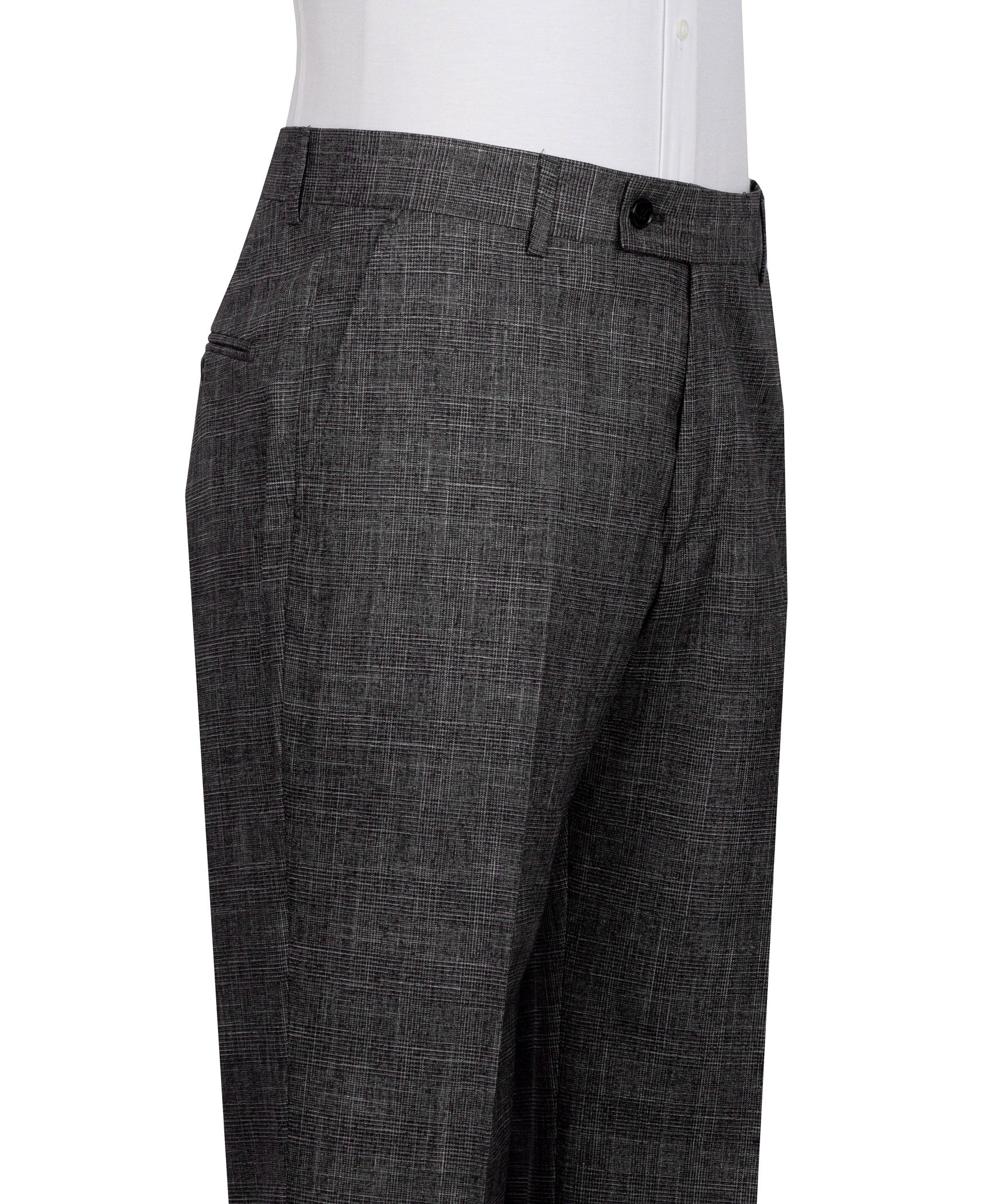 Black plaid men's suit trousers with waistband, front button, and crease detailing
