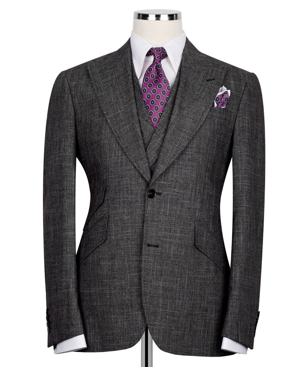 Black plaid men's suit jacket, front view with purple patterned tie and chest pocket square