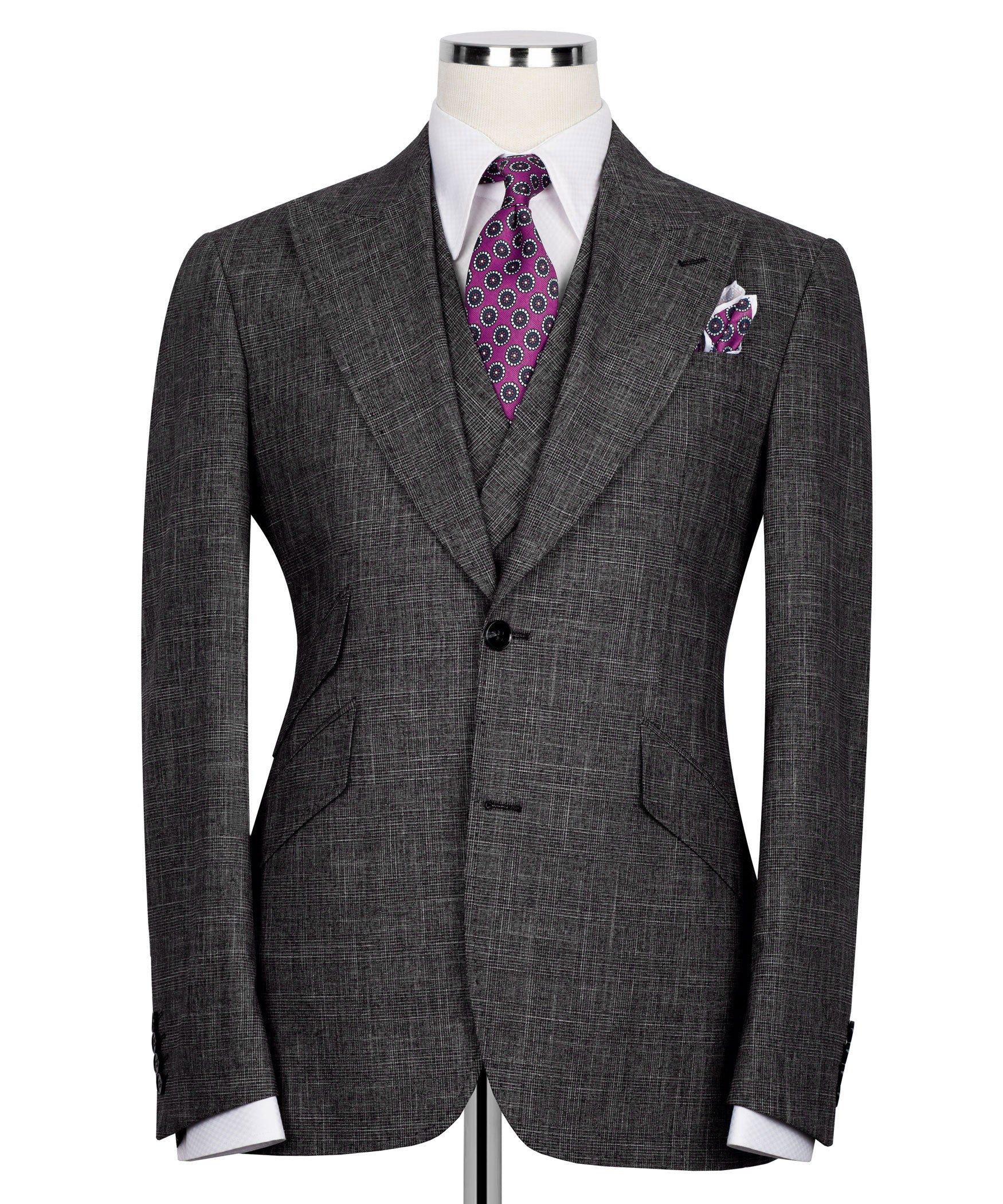 Black plaid men's suit jacket, front view with purple patterned tie and chest pocket square