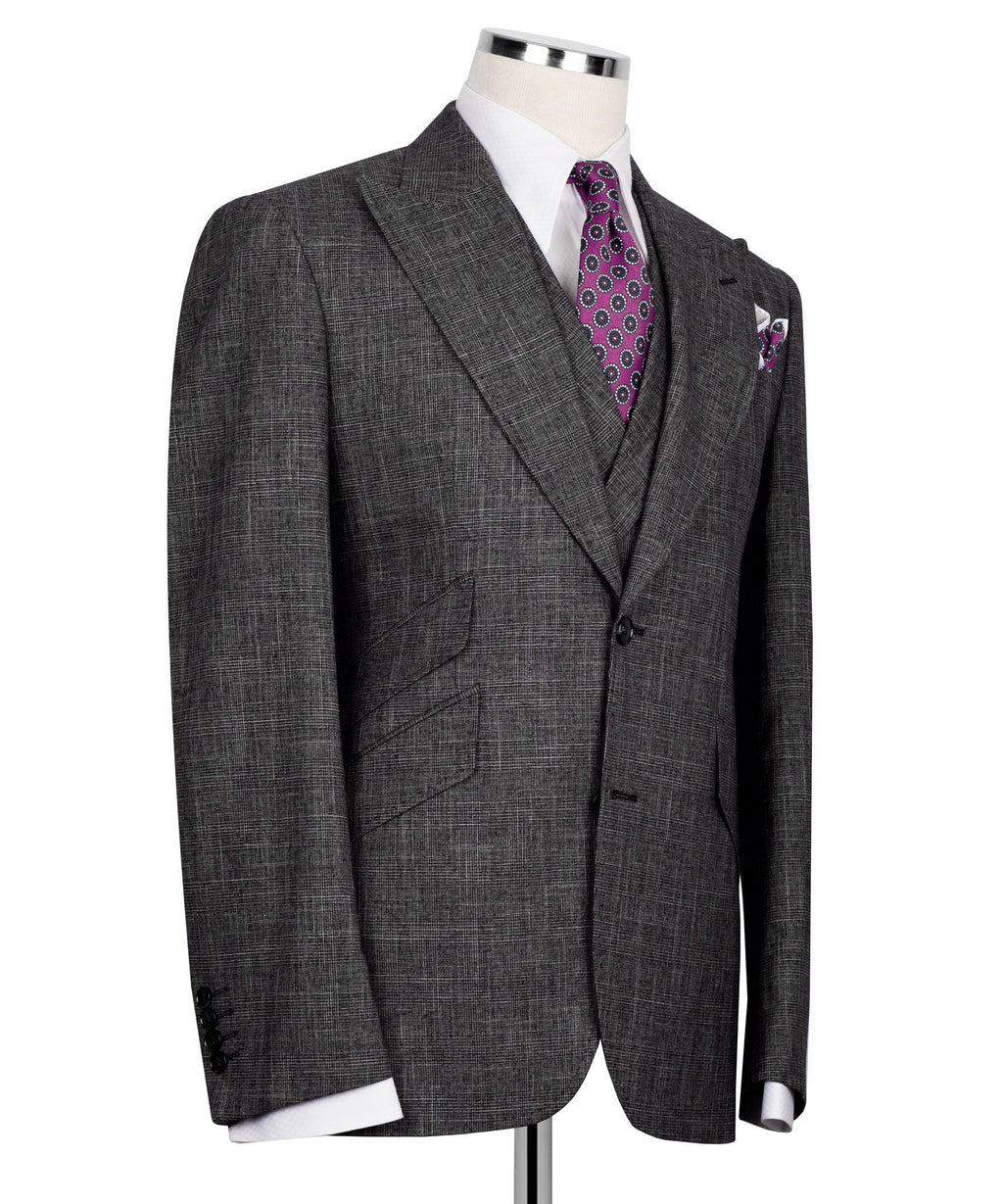Black plaid men's suit jacket, side view with purple tie and matching pocket square