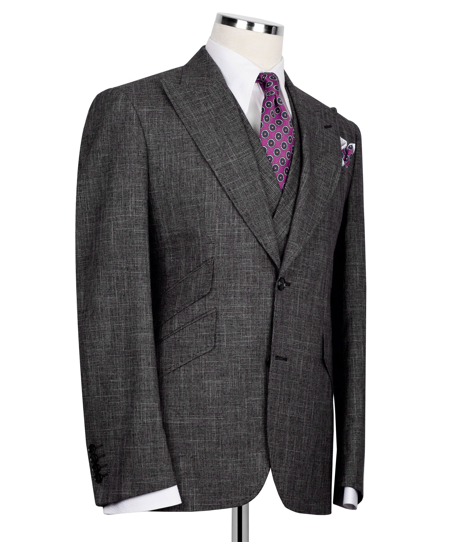 Black plaid men's suit jacket, side view with purple tie and matching pocket square