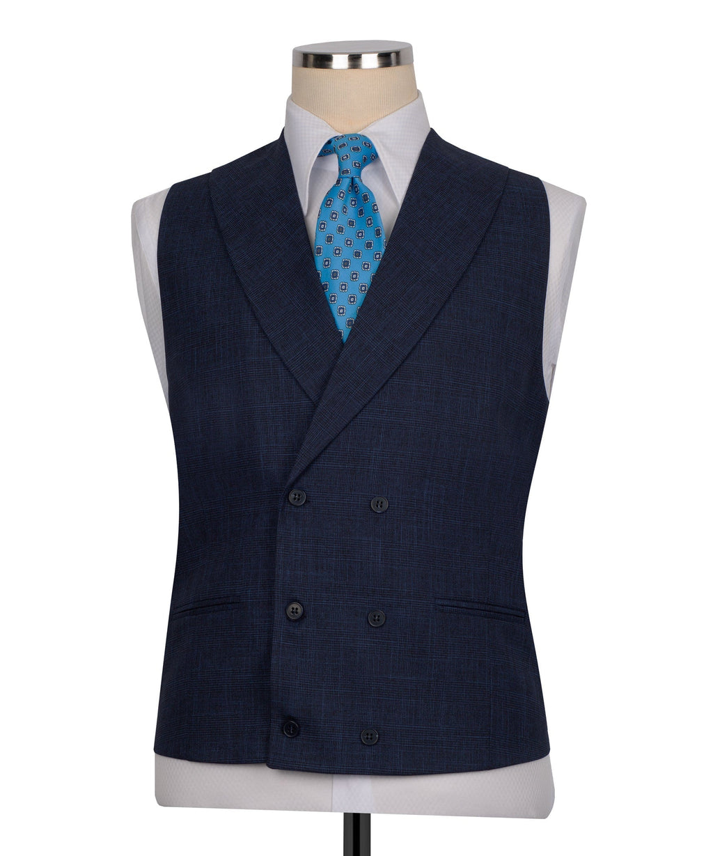 Dark navy waistcoat vest with button front over blue patterned tie