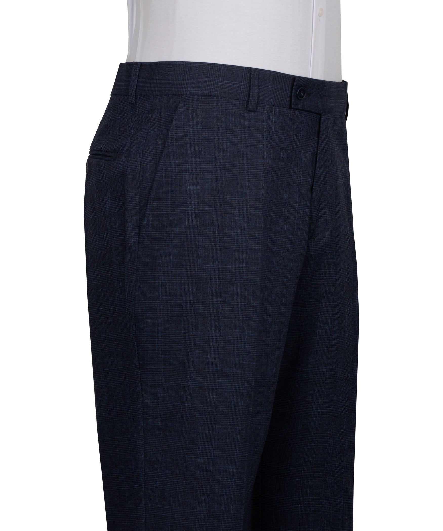 Dark navy dress trousers with belt loops and front crease