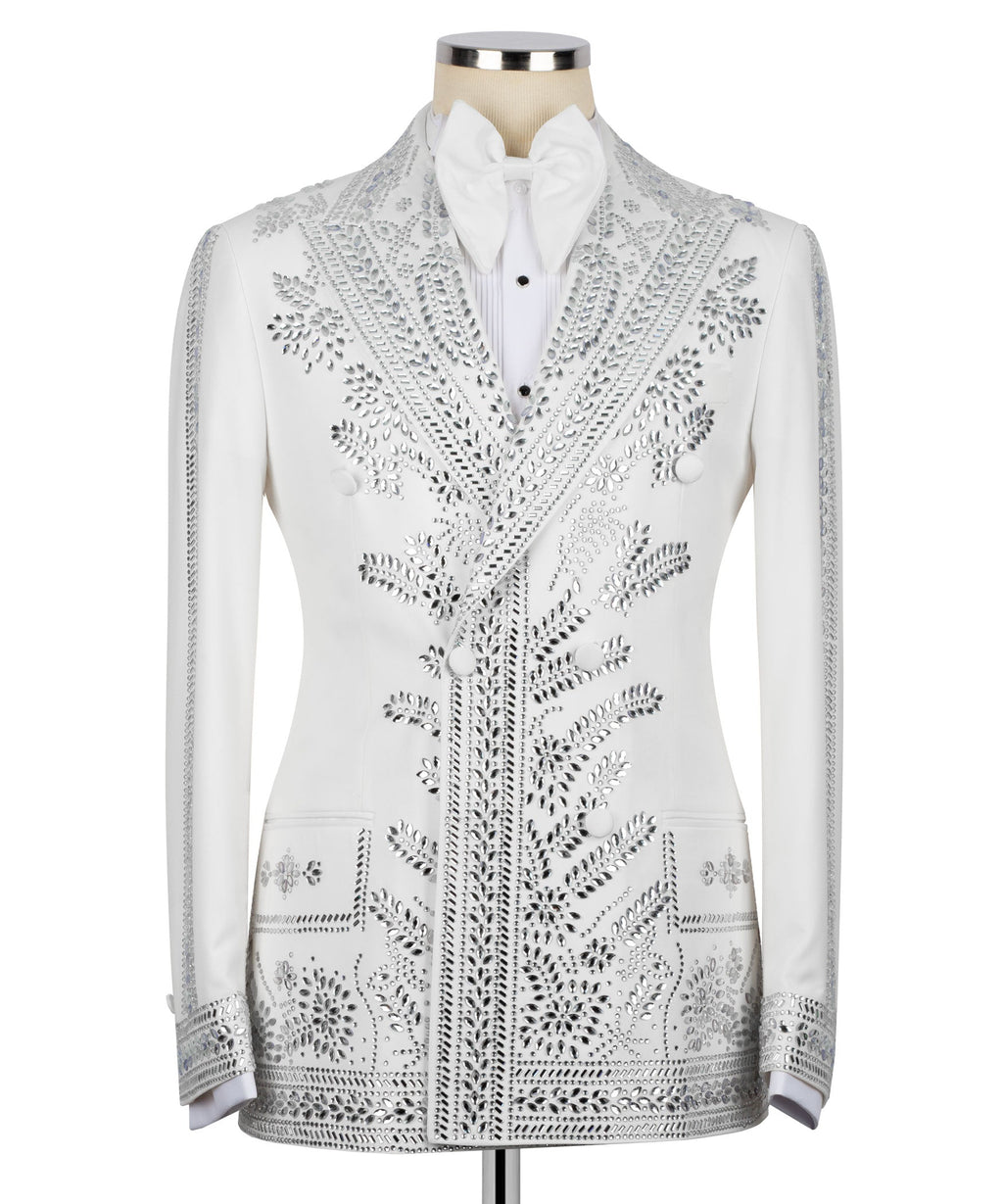White tuxedo jacket with silver-tone stone embroidery and notch lapel