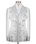 White tuxedo jacket with silver-tone stone embroidery and notch lapel