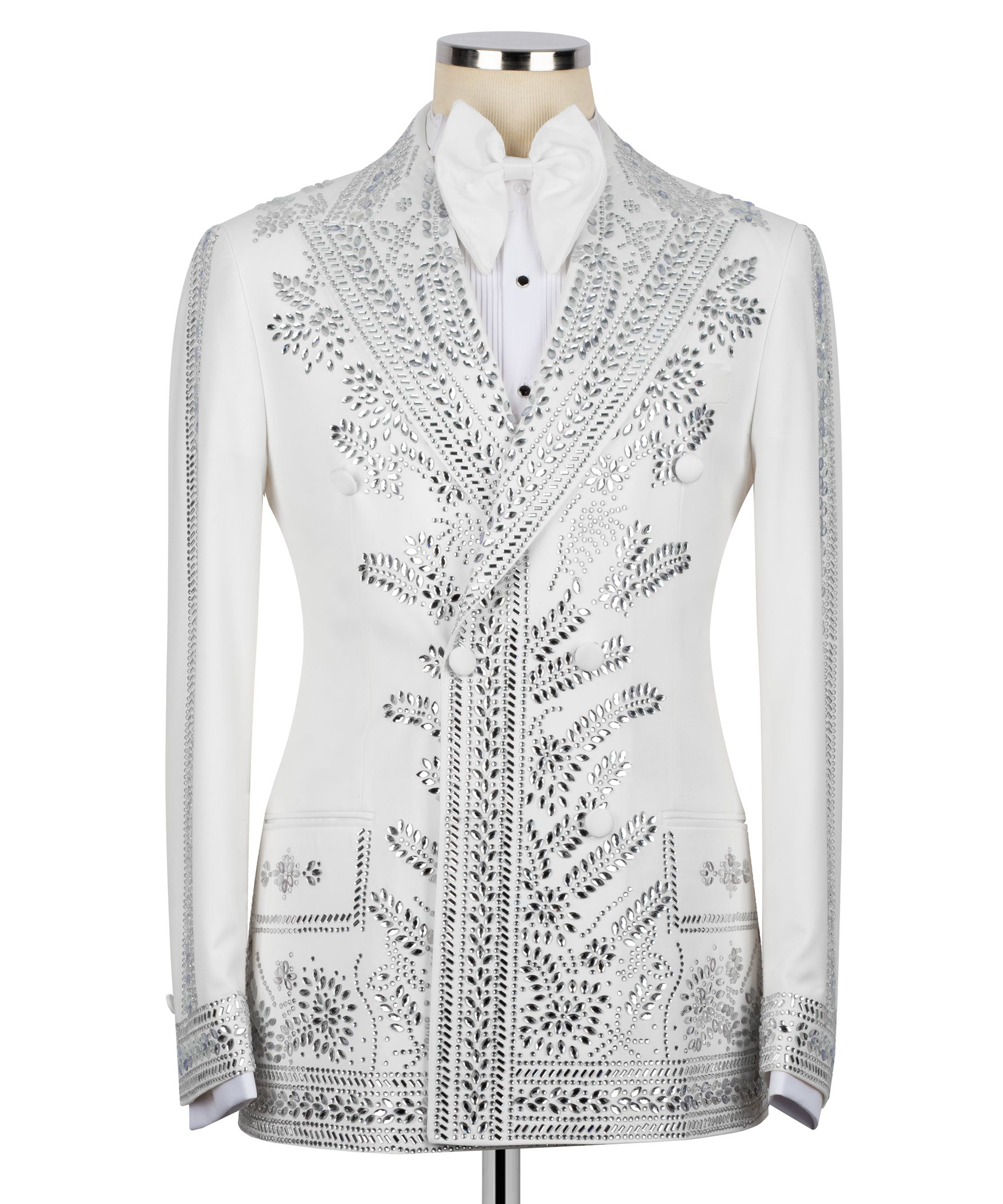 White tuxedo jacket with silver-tone stone embroidery and notch lapel