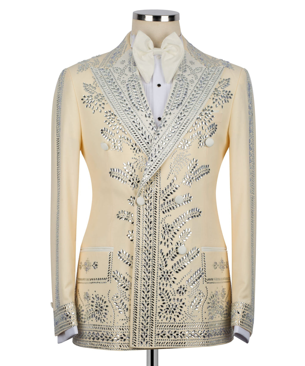 Light yellow tuxedo jacket with silver stone embroidery and white bow tie