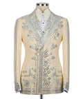 Light yellow tuxedo jacket with silver stone embroidery and white bow tie