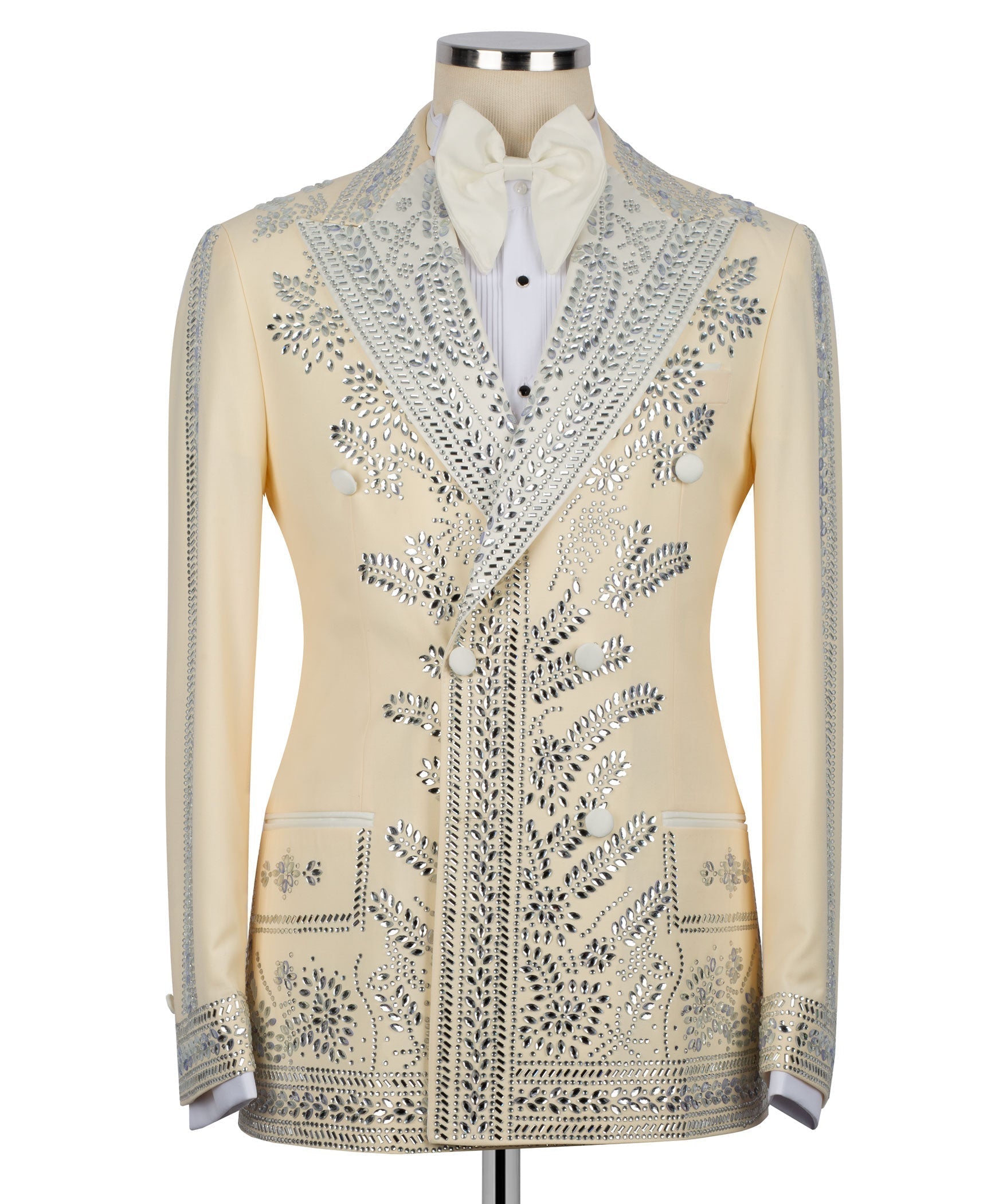 Light yellow tuxedo jacket with silver stone embroidery and white bow tie