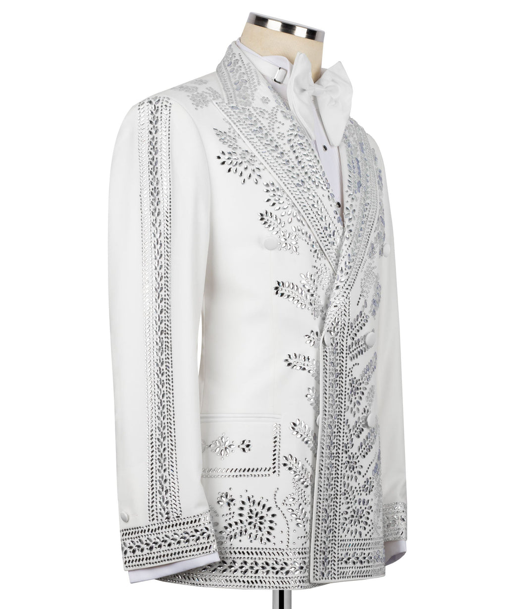 White tuxedo jacket with silver-tone stone embroidered front and sculpted collar bow