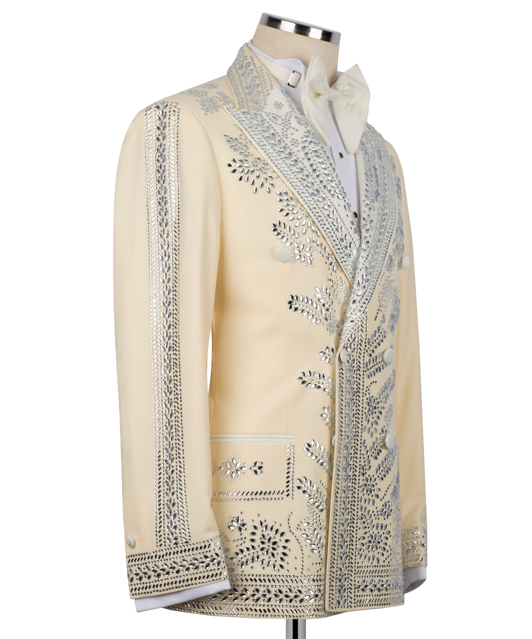 Light yellow tuxedo jacket side view, silver stone-embellished trim and pocket