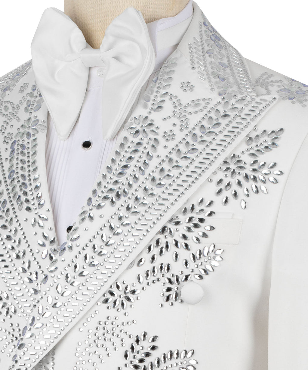 Close-up of white tuxedo shirt with dense silver-tone stone embellishments