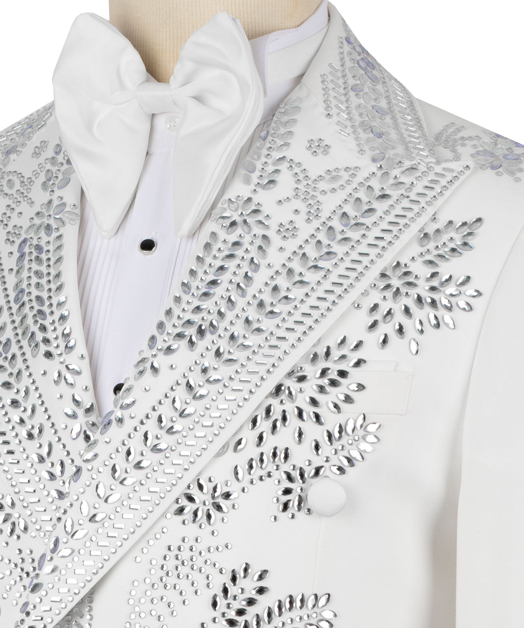 Close-up of white tuxedo shirt with dense silver-tone stone embellishments