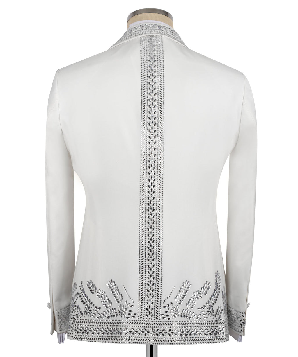 Back view of white tuxedo jacket with vertical silver-tone stone trim