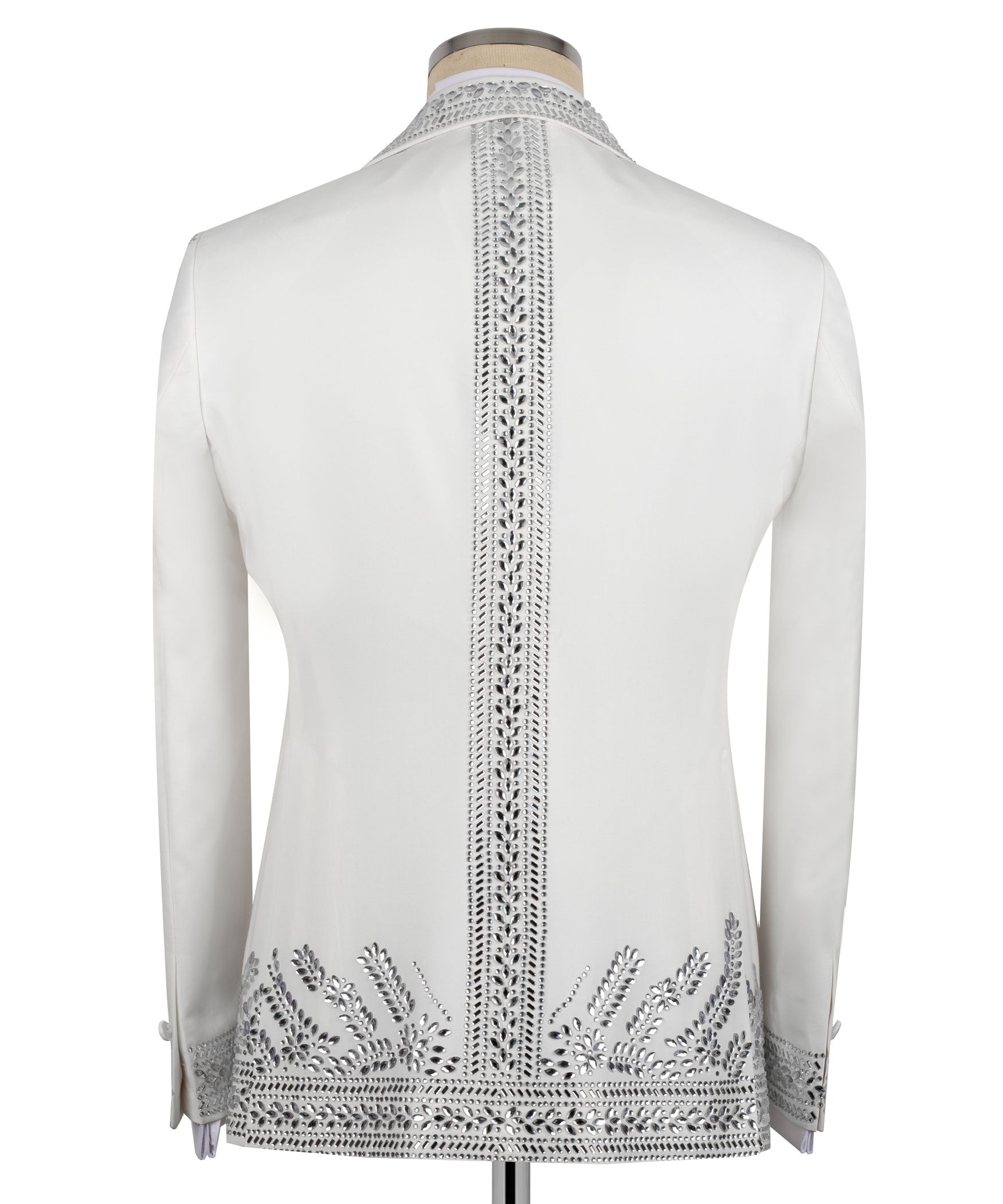 Back view of white tuxedo jacket with vertical silver-tone stone trim